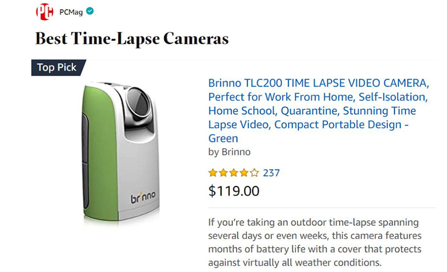 Brinno Chosen as Top Time Lapse Pick by PCMag